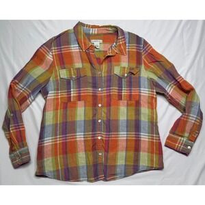 Orvis 100% Linen Plaid Button Up Shirt Long Sleeve Roll Tab Womens Size 16